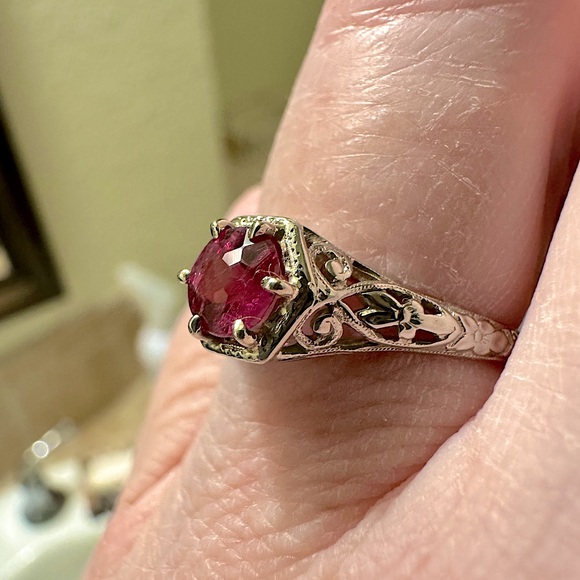 Antique 18K White Gold Art Deco Orange Blossom Tourmaline Solitaire Ring 5.75 - Picture 8 of 15